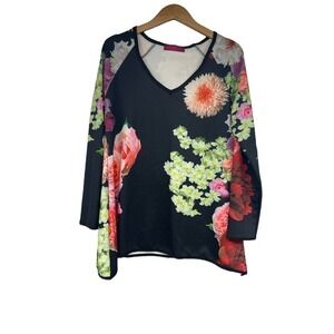 Melissa Masse Top Long Sleeve Black Floral V Neck Resort Wear Womens Medium